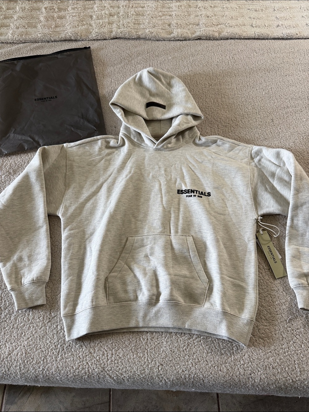 Essentials Fear of God Light Oatmeal Hoodie with Black Chest Logo XXS